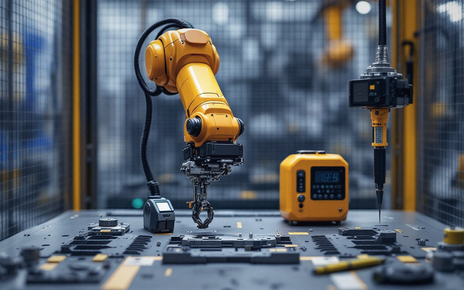 Yellow industrial robotic arm with gripper tool works inside a fenced factory cell