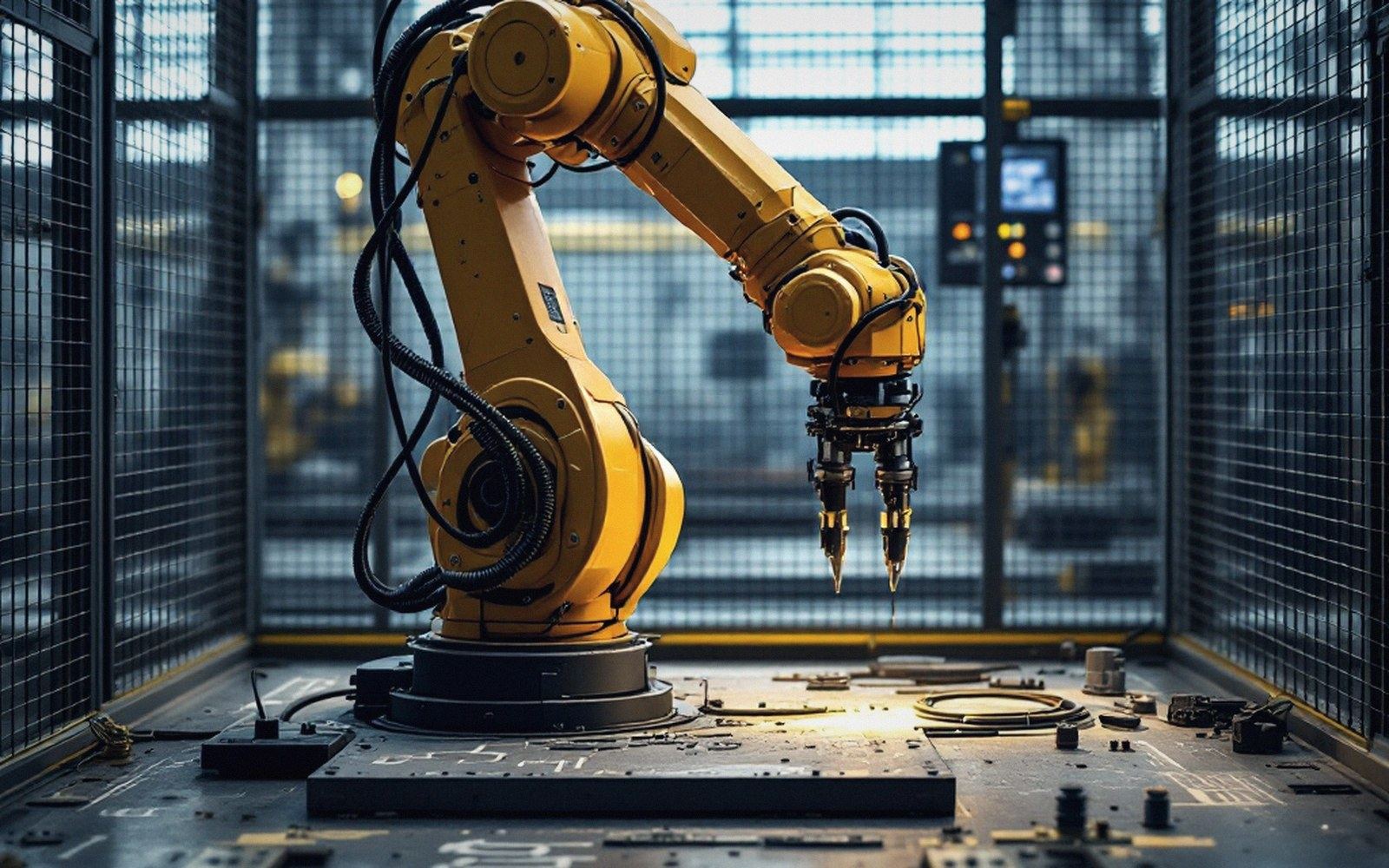 Yellow industrial robotic arm with a tool-tipped end effector inside a wire safety cage